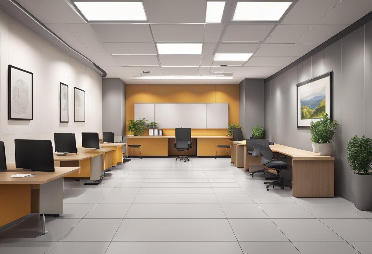 The office has a suspended ceiling with acoustic tiles and recessed lighting, creating a clean and modern look