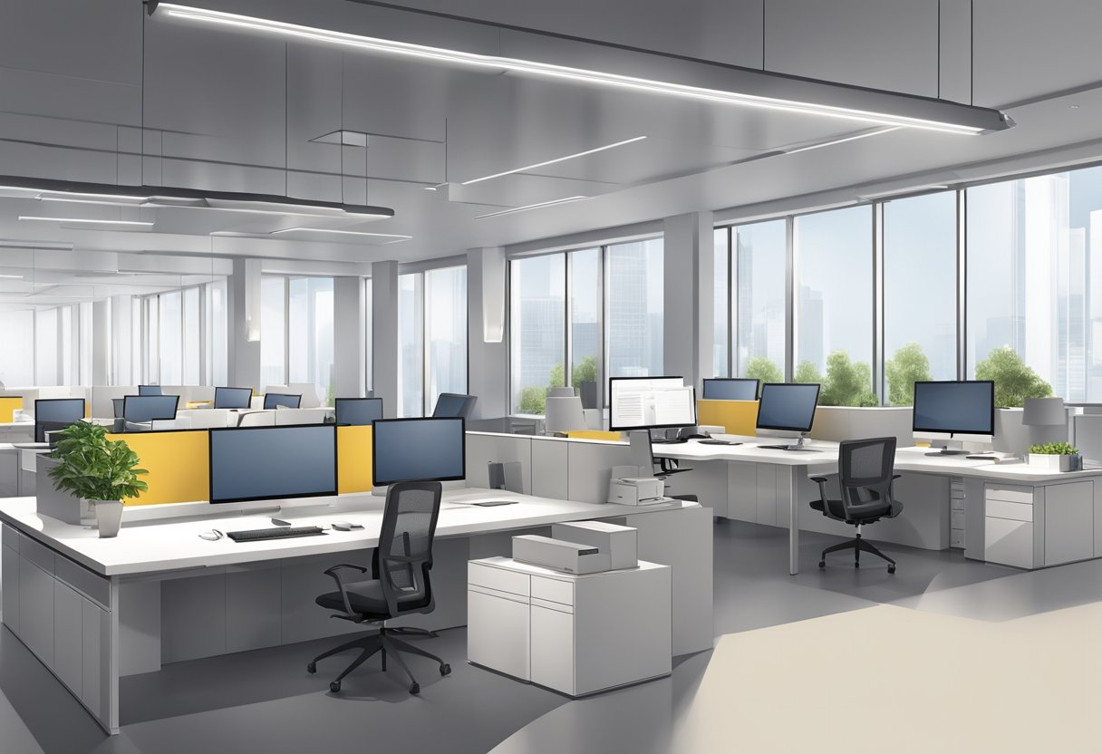A modern office with high, open ceilings and integrated lighting. Clean lines and neutral colors create a professional, inviting atmosphere