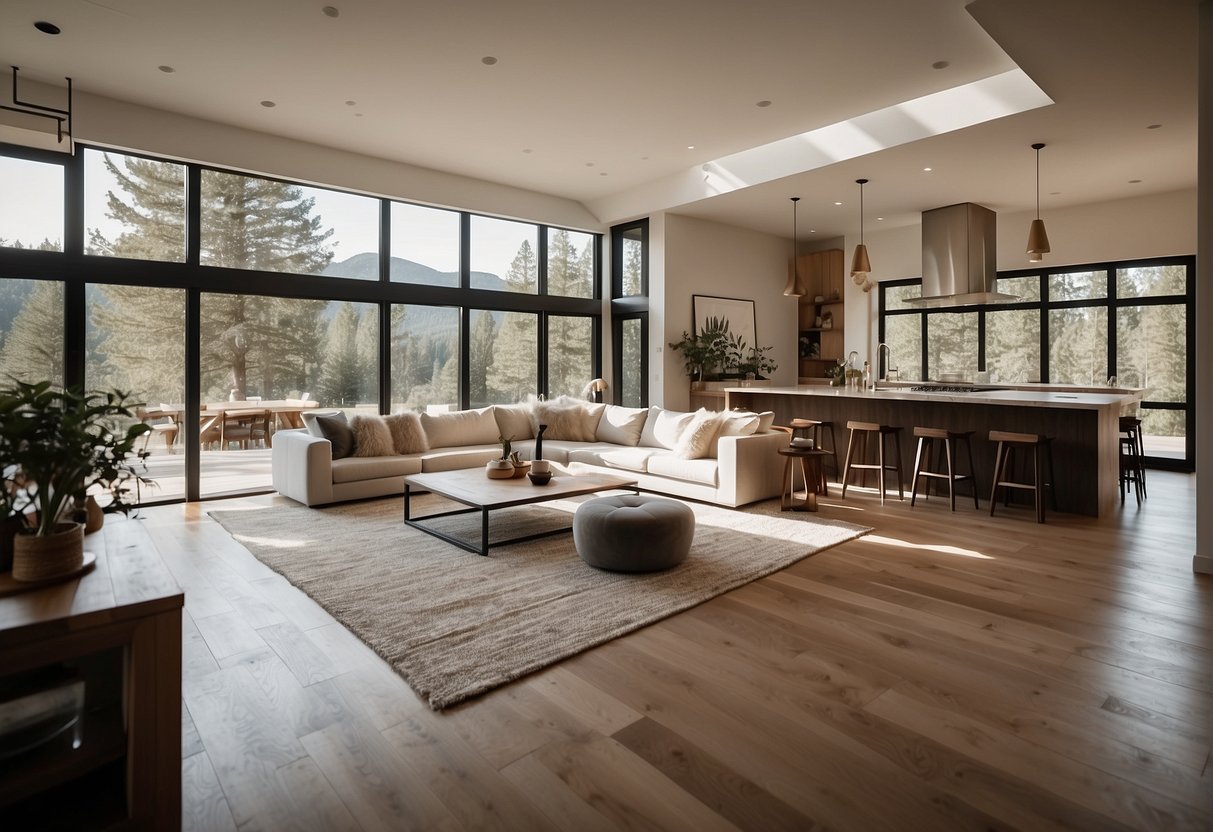 A spacious modern ranch home with clean lines, neutral colors, and natural light. Open floor plan, minimalist furniture, and functional storage solutions. Incorporating natural materials and textures for a warm and inviting atmosphere