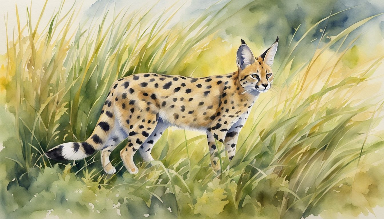 A serval cat prowls its grassy habitat, hunting for small rodents and birds.</p><p>Tall grass and bushes provide cover as it stalks its prey