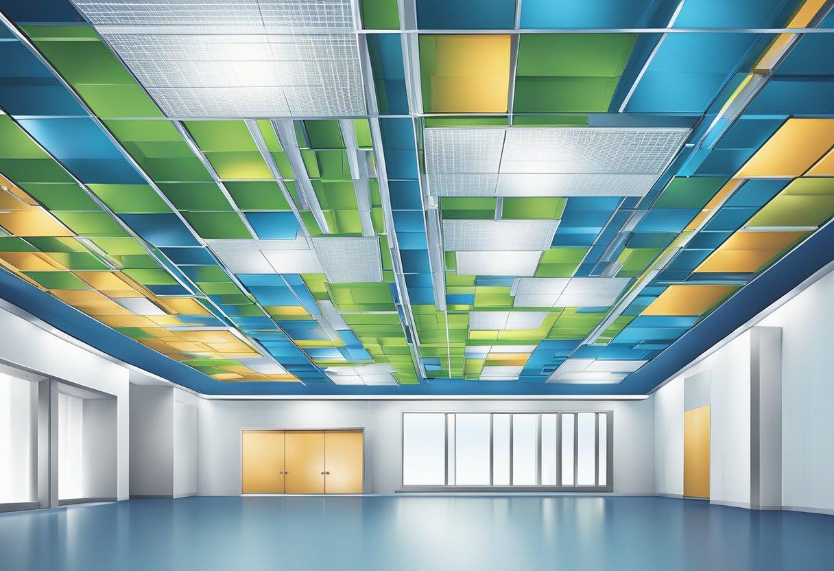 Various types of suspended ceiling systems hang from above, including grid, tile, and panel designs. Lighting fixtures and air vents are integrated into the ceiling