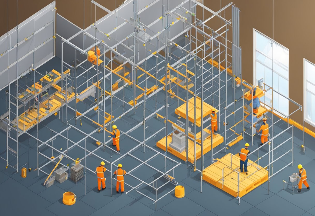Workers assemble metal grid, attach support wires, and insert ceiling tiles. Tools and materials scattered on the floor. Ladders and scaffolding in use