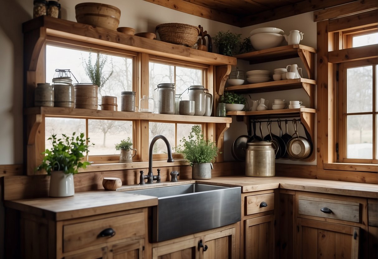 A sleek, modern kitchen with rustic charm. Open shelves display mason jars and vintage cookware. A farmhouse sink sits beneath a window, and a sliding barn door adds a touch of country style