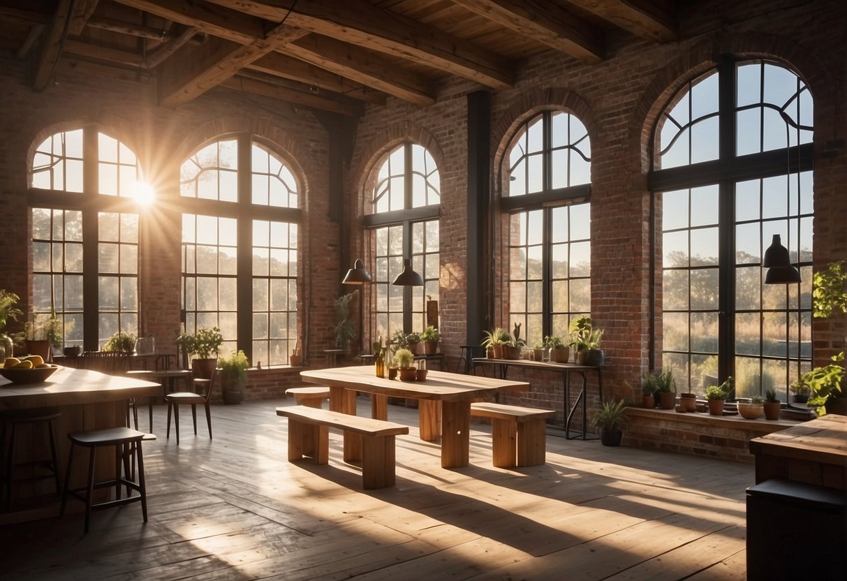 Sunlight streams through the large windows, casting a warm glow on the rustic wooden beams and textured brick walls. The soft, ambient lighting highlights the sleek, modern appliances and farmhouse-inspired decor
