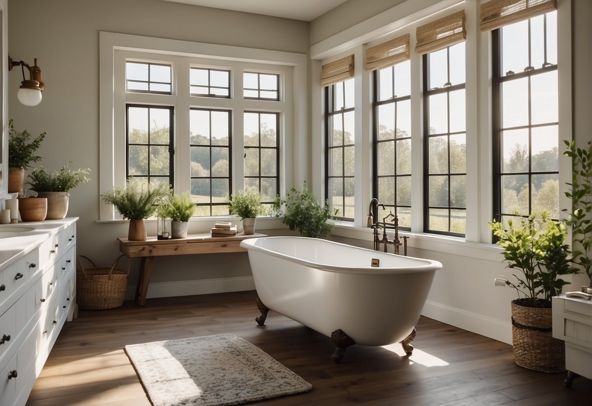 A spacious farmhouse bathroom with a freestanding tub, subway tile walls, wooden accents, vintage fixtures, and a large window letting in natural light