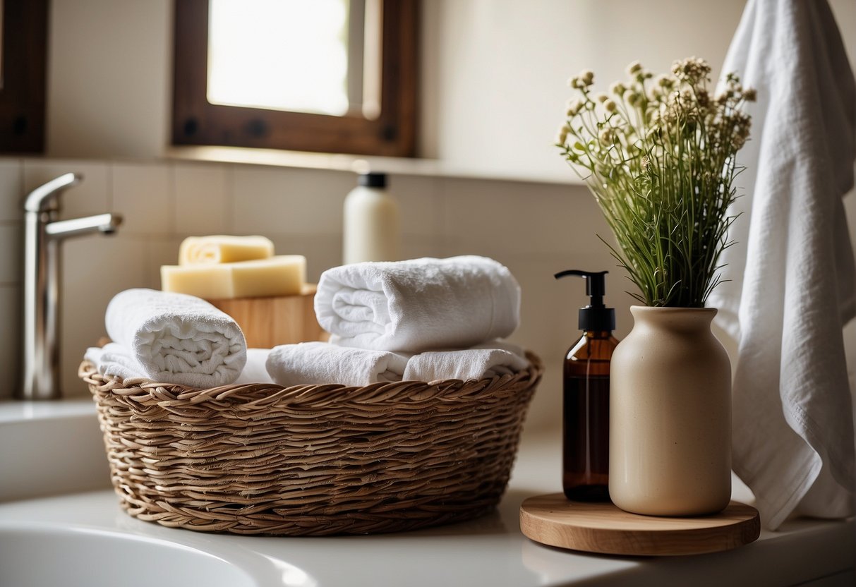A rustic wooden ladder holds plush towels and a woven basket filled with toiletries. A vintage mason jar dispenser sits on the counter beside a stack of folded white towels