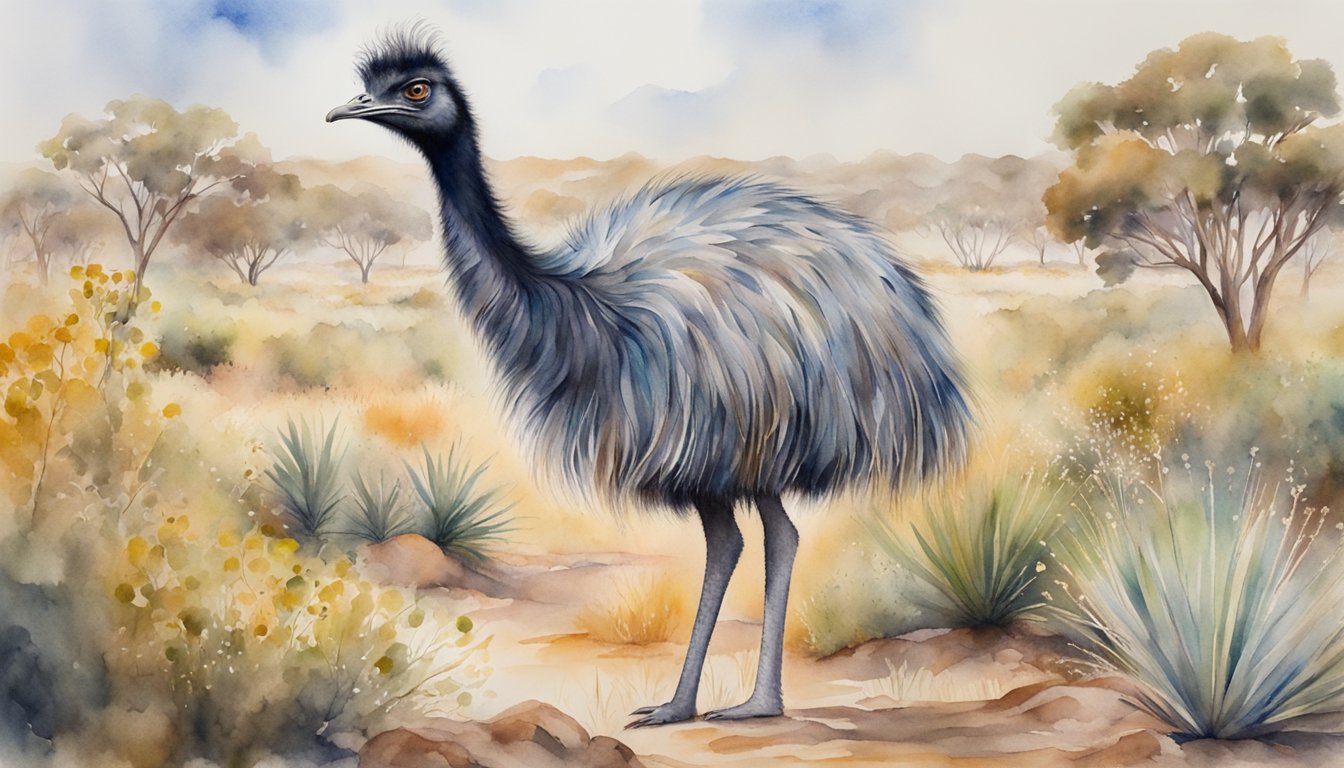 An emu stands tall in the Australian outback, surrounded by native flora and fauna, symbolizing its cultural significance and the importance of conservation efforts