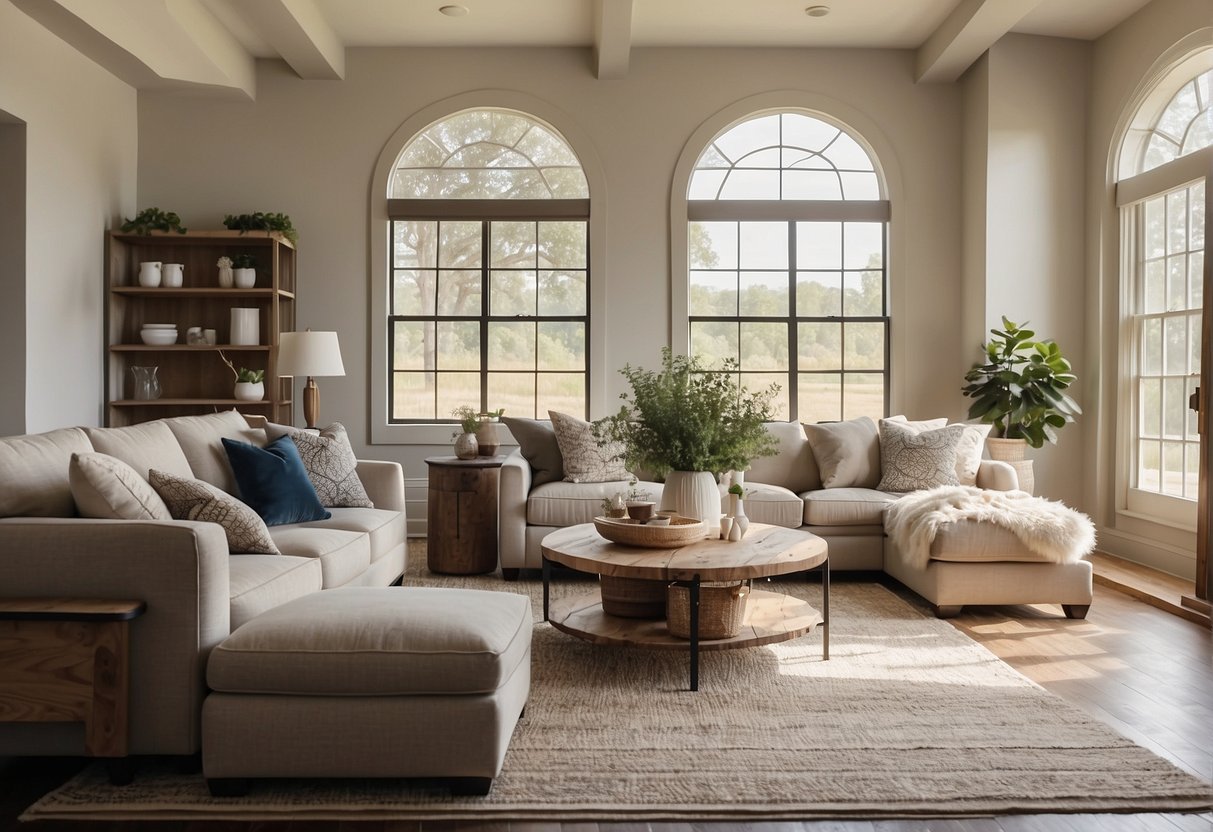 A spacious modern farmhouse living room with cozy seating, a large area rug, a rustic coffee table, and plenty of natural light streaming in from the windows