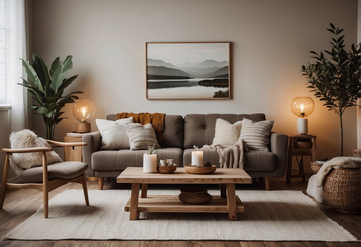 A cozy living room with a mix of rustic and modern elements. Neutral color palette with pops of earthy tones. Textures include distressed wood, cozy textiles, and natural materials