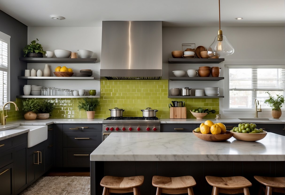 A sleek, minimalist kitchen with clean lines, stainless steel appliances, and a pop of color from a vibrant backsplash. Open shelving displays modern dishware, while a large island provides ample space for cooking and entertaining