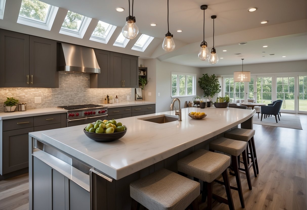 A sleek, open-concept kitchen with clean lines, neutral colors, and ample natural light. A large island with bar seating and stylish pendant lighting adds a welcoming touch