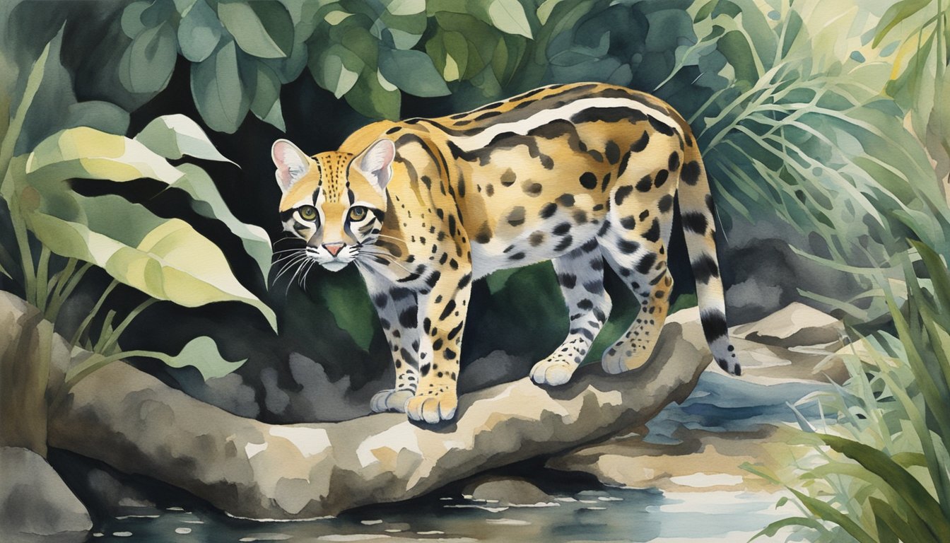 An ocelot prowls through dense jungle foliage, its sleek fur blending with the dappled sunlight.</p><p>It pauses to drink from a clear stream, its piercing eyes scanning the surroundings for prey