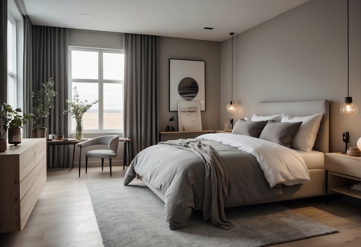 A cozy modern bedroom with neutral colors and minimalist furniture layout for a serene atmosphere