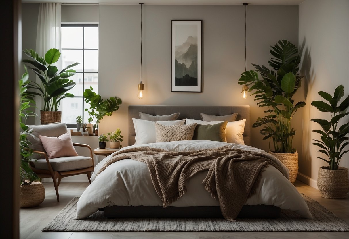 A cozy modern bedroom with neutral tones, accented with pops of color in the form of throw pillows, plants, and artwork. Textured fabrics and warm lighting create a welcoming atmosphere