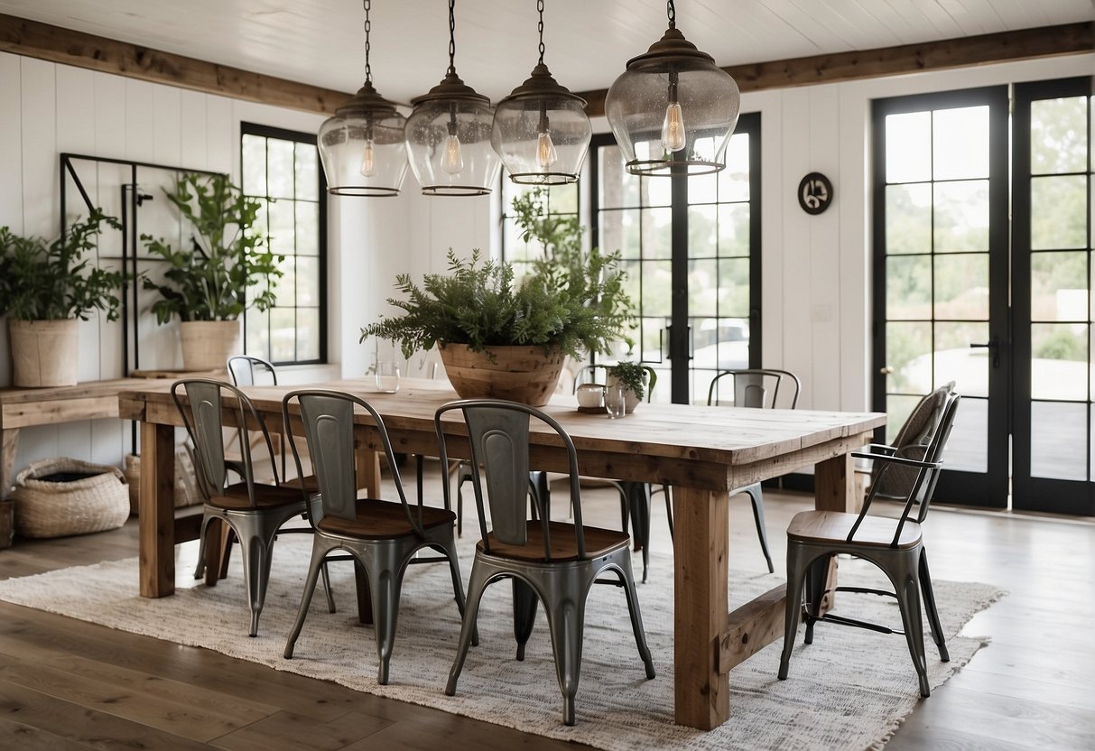 A spacious dining room with rustic wooden table, metal chairs, and industrial light fixtures. White shiplap walls and neutral color palette. Vintage accents and greenery bring warmth to the modern farmhouse aesthetic