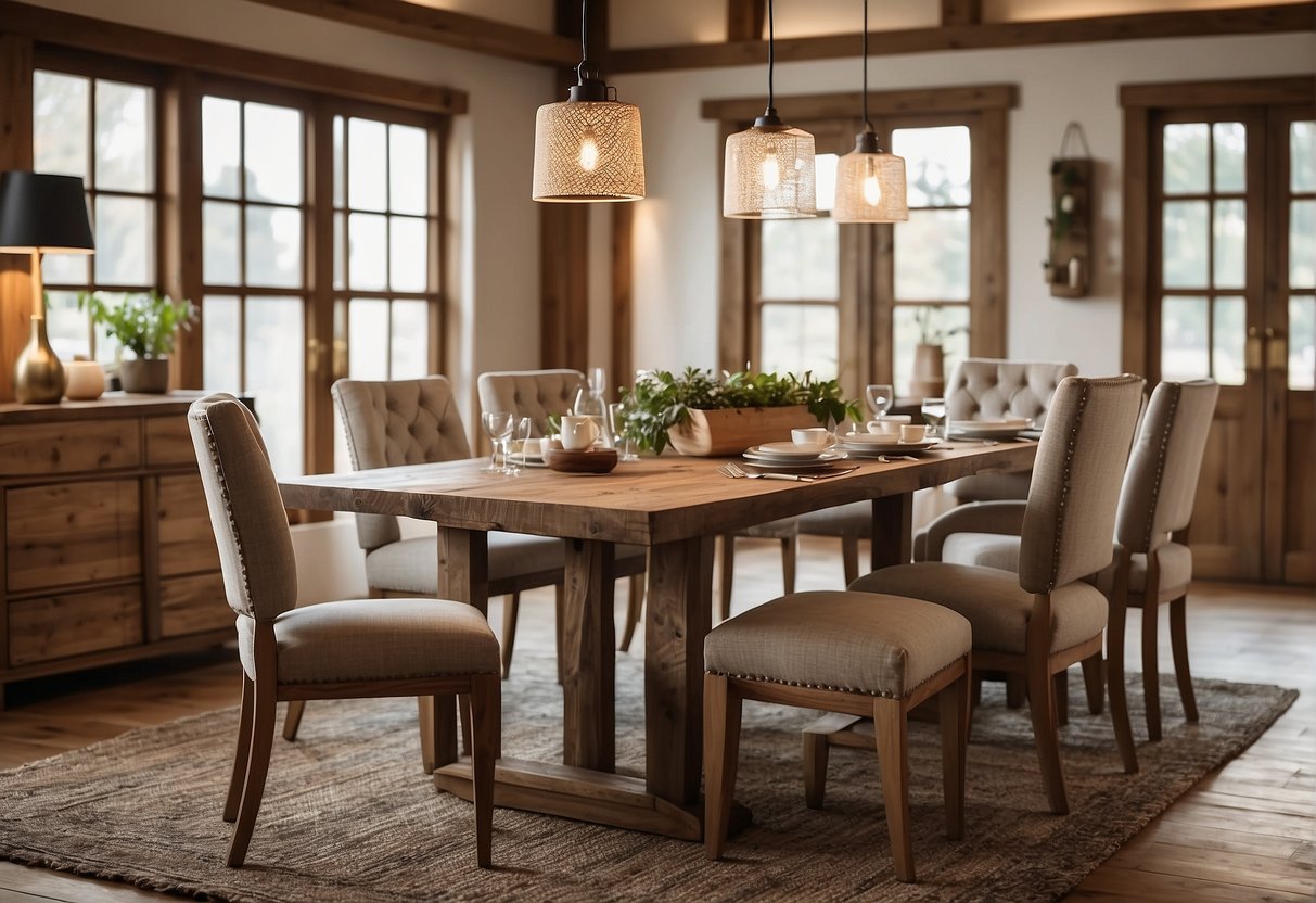 A spacious dining room with a rustic wooden table and chairs, adorned with modern accents and soft lighting, creating a cozy and inviting atmosphere