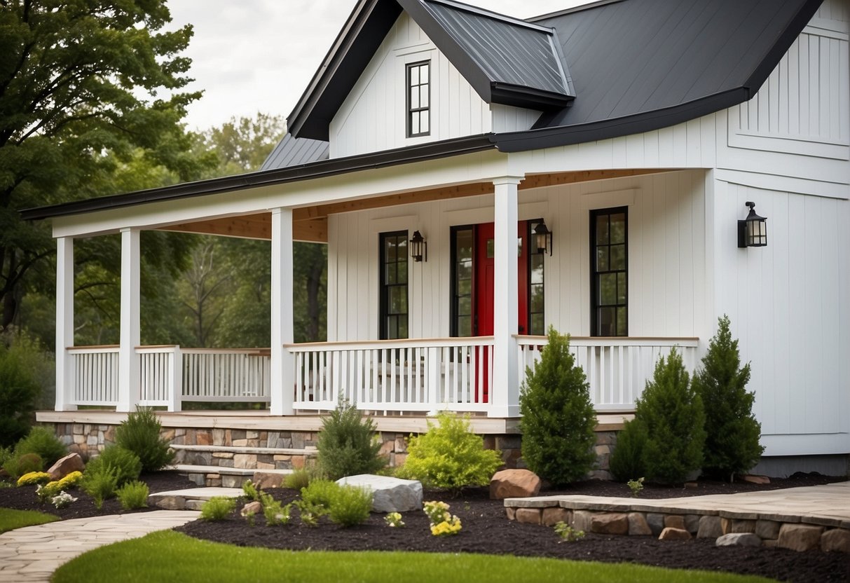 A modern farmhouse exterior: white board and batten siding, black metal roof, large front porch, natural wood accents, stone foundation, lush green landscaping, and a pop of color with a bright red front door