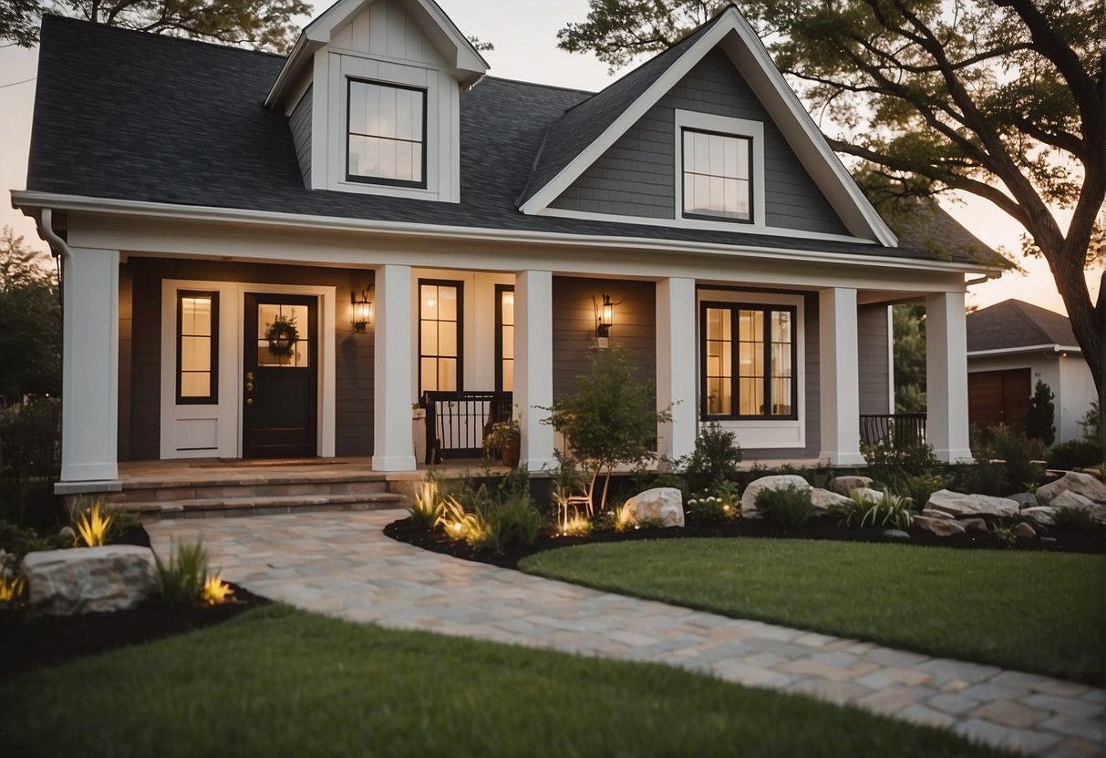 A modern farmhouse exterior with accent pieces and strategic lighting to enhance curb appeal