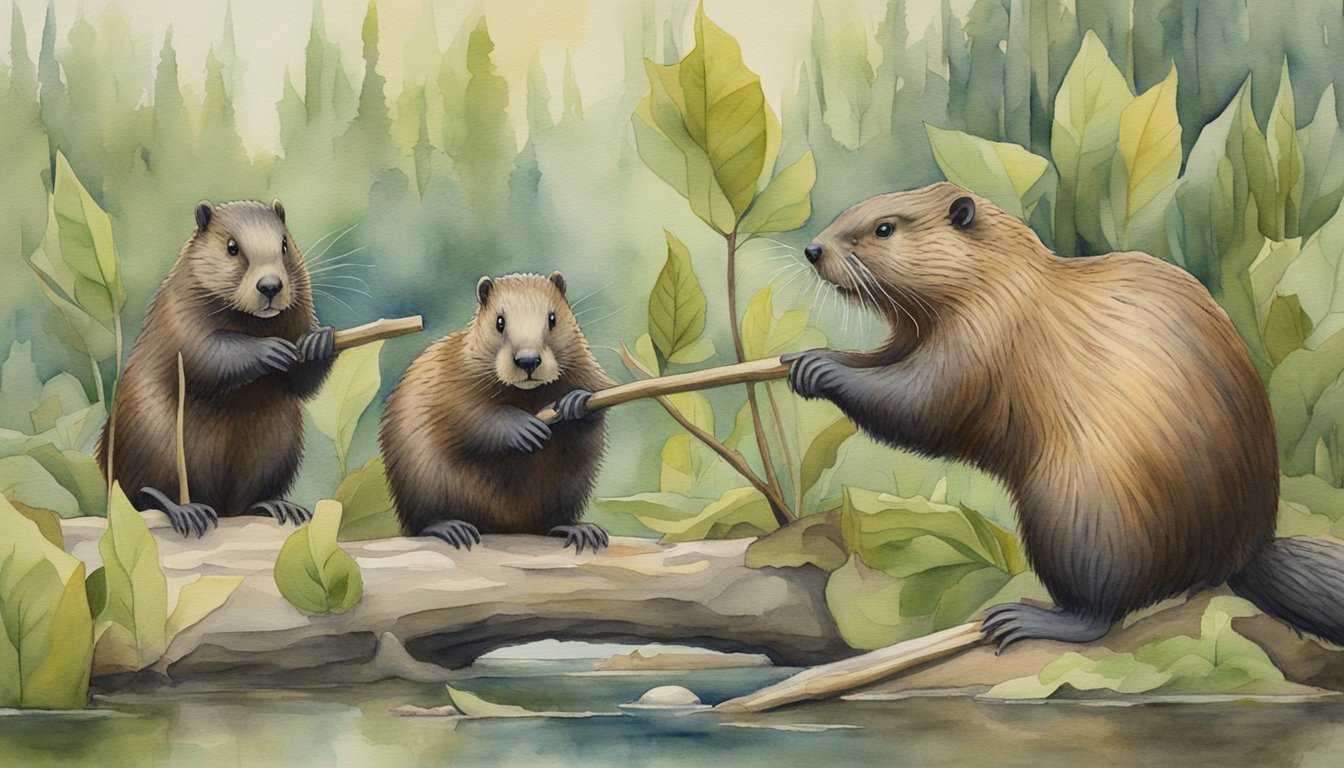 Beavers gathering sticks near a vanilla plant, with a beaver extracting castoreum for flavoring