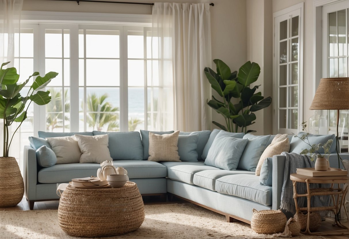 A serene coastal living room with soft blues, sandy beiges, and natural textures like rattan and linen. Light filters in through sheer curtains, casting a gentle glow on the room's relaxed and airy atmosphere