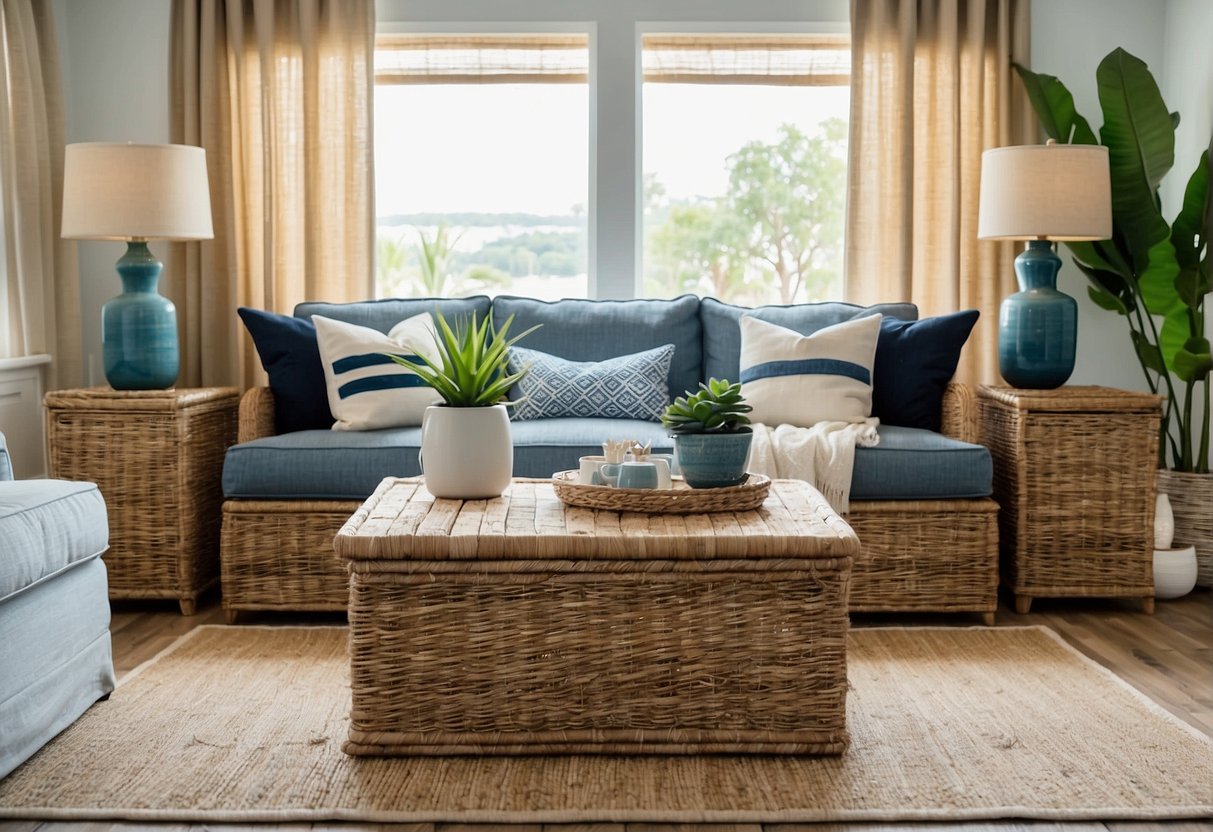 A modern coastal living room with natural textures, nautical accents, and a color palette of blues and whites. A large jute rug anchors the space, while a mix of rattan, driftwood, and seagrass decor adds a coastal flair