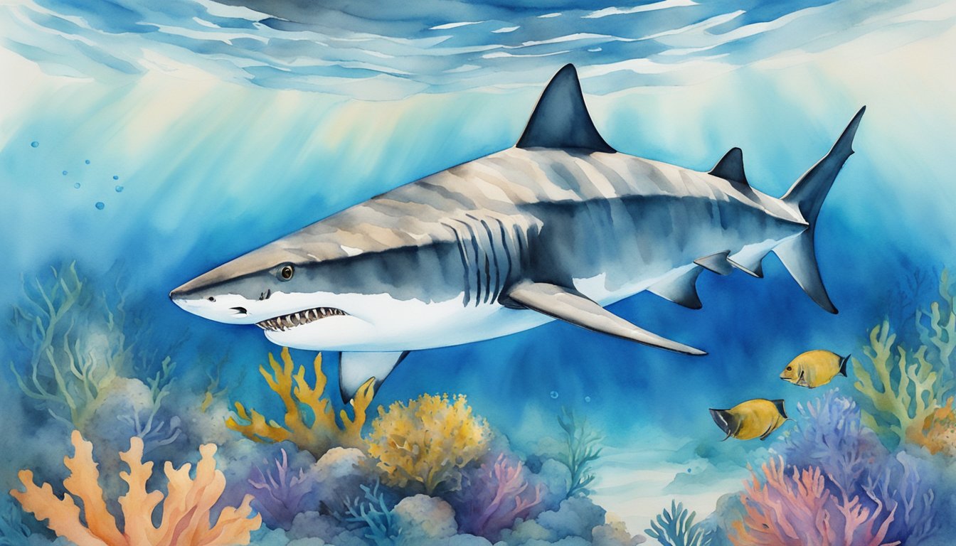 The tiger shark swims gracefully through the clear blue waters, its sleek body moving effortlessly as it hunts for prey.</p><p>It interacts with the environment, blending in with the vibrant coral reefs and using its keen senses to navigate the ocean depths