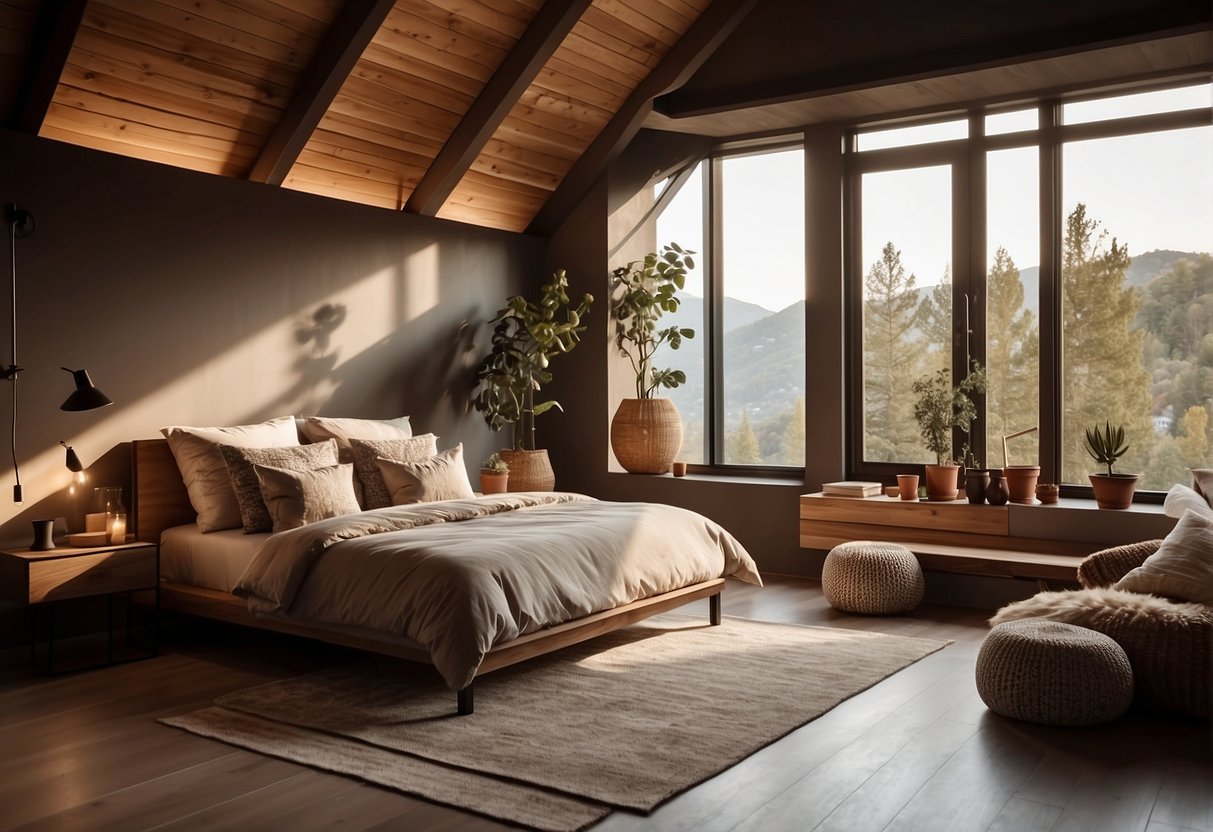 A cozy bedroom with earthy tones and natural textures. Soft lighting, minimal clutter, and warm accents create a serene and inviting atmosphere