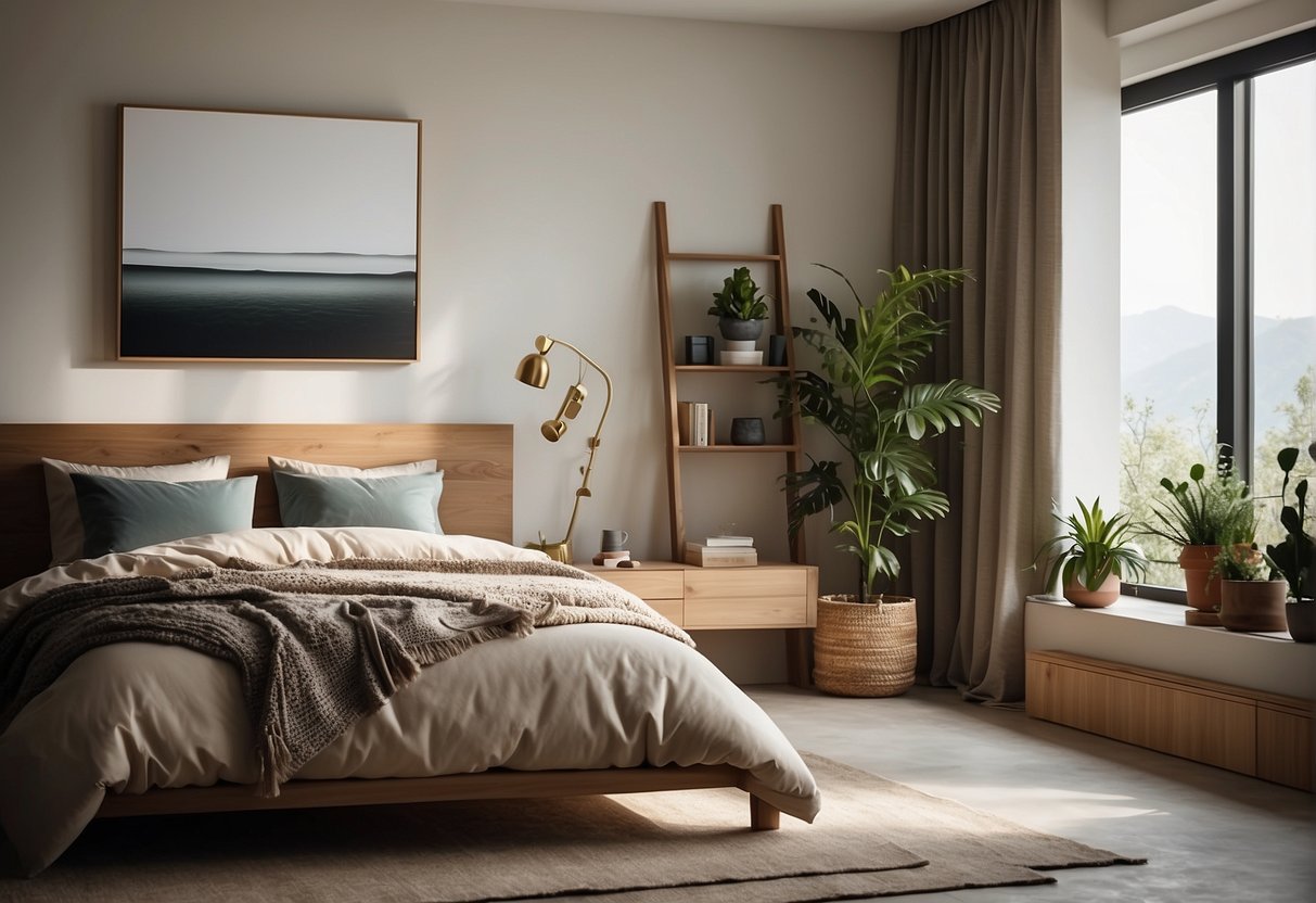 A minimalist bedroom with earthy tones, clean lines, and modern furniture. Natural materials like wood and stone are used for decor, with plants adding a touch of greenery
