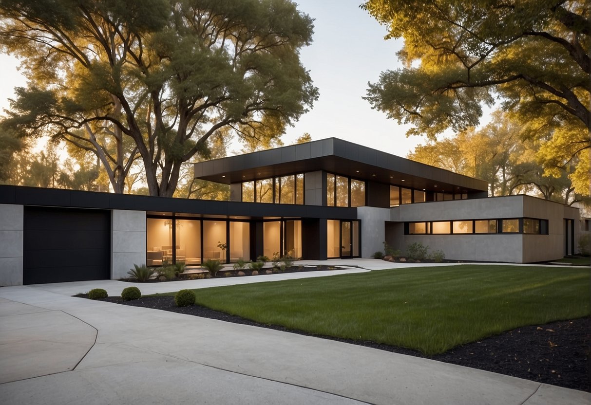 A sleek modern ranch house with clean lines, large windows, and a flat roof. The exterior features minimalistic landscaping and a neutral color palette, highlighting the architectural details