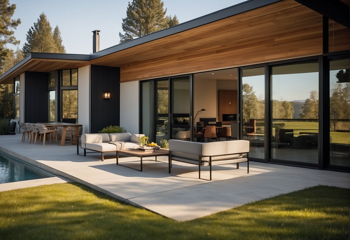 A sleek modern ranch house with clean lines, large windows, and a spacious open floor plan. Stylish furniture and comfortable seating create a welcoming and contemporary atmosphere
