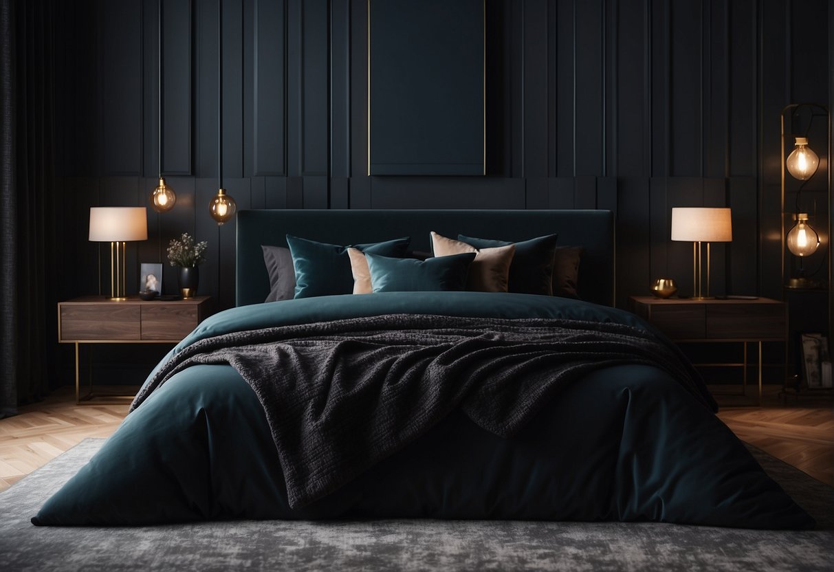 A dark, modern bedroom with sleek furniture and moody accents. Low lighting and deep colors create a cozy, sophisticated atmosphere