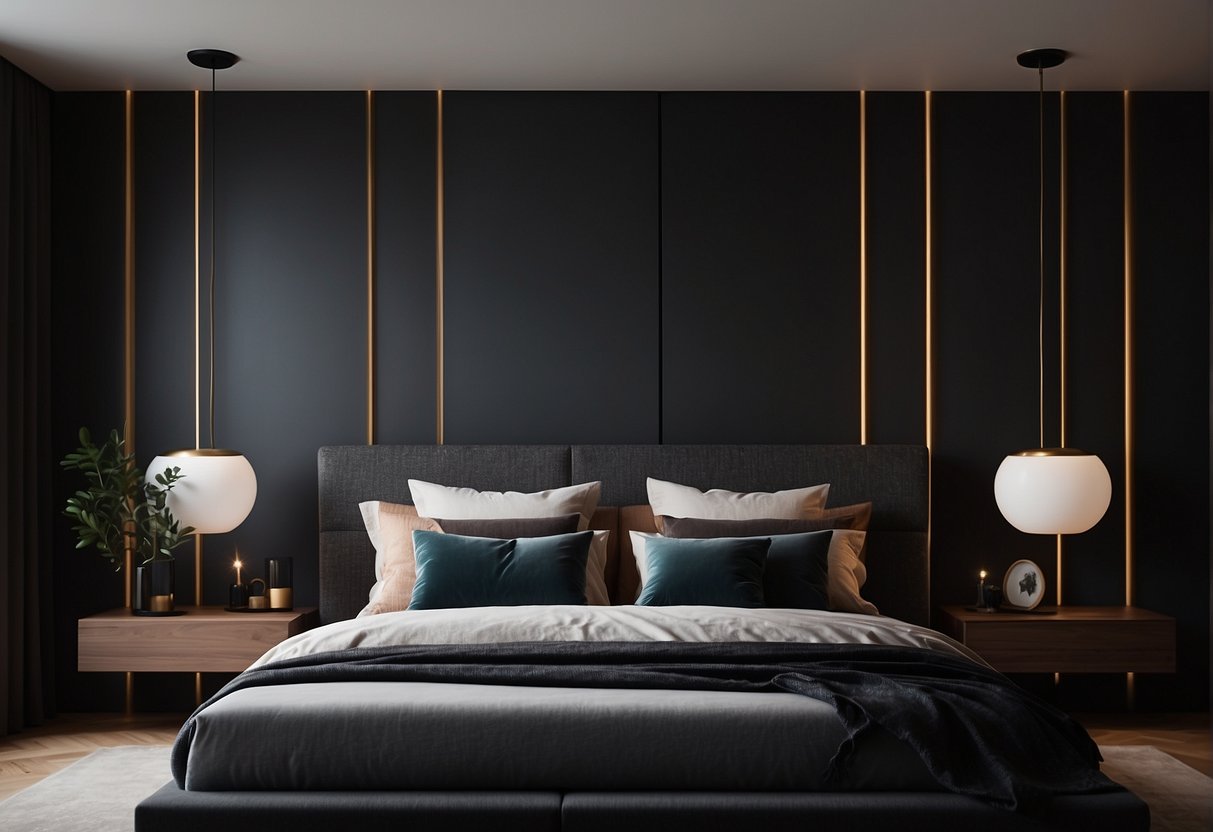 A sleek, minimalist bedroom with dark, rich colors and textures. A statement headboard, layered bedding, and ambient lighting create a cozy, modern atmosphere
