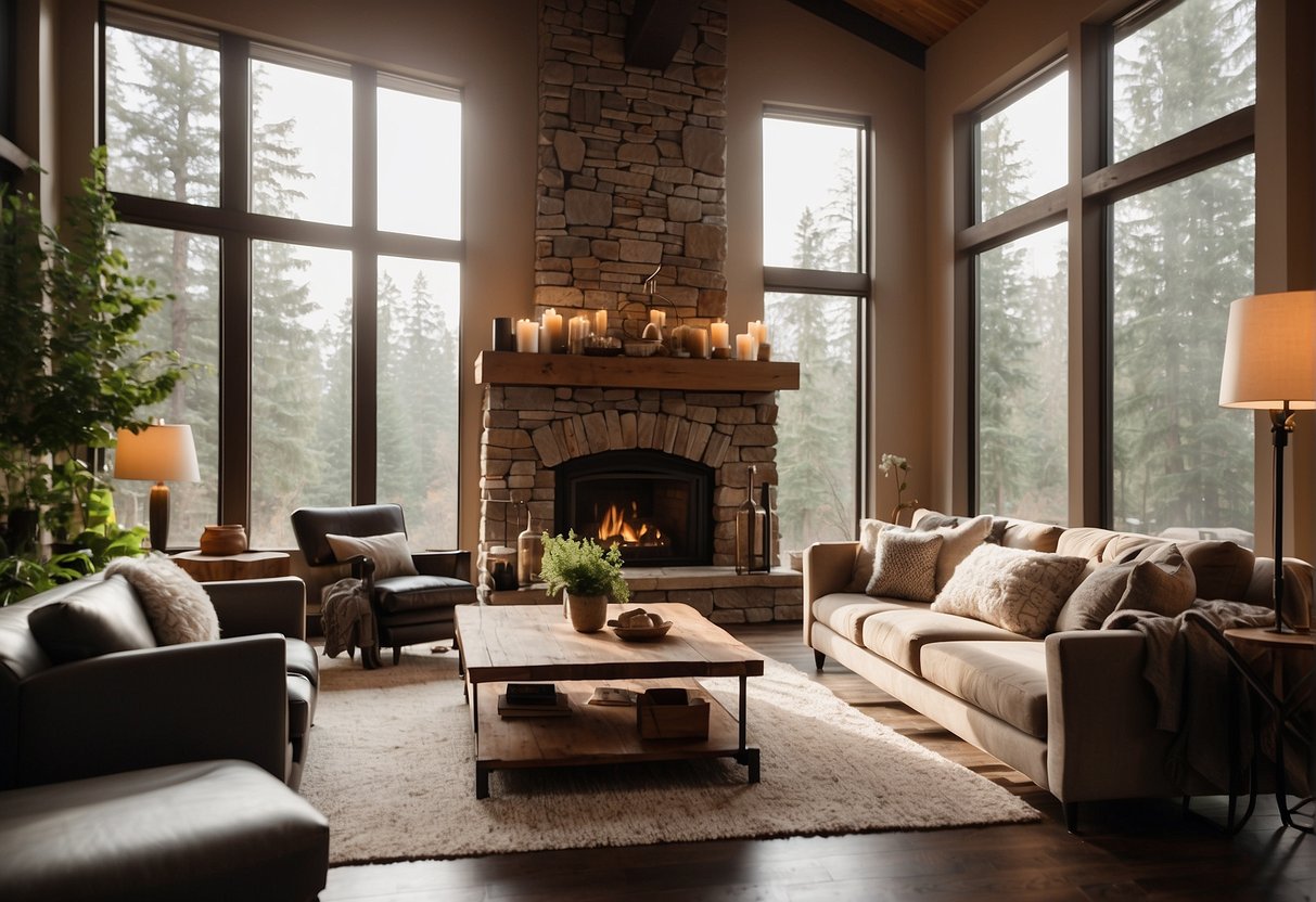 A cozy living room with a fireplace, modern furniture, and natural light pouring in through large windows. A rustic, yet stylish, interior with warm color tones and a mix of textures for a comfortable and inviting space