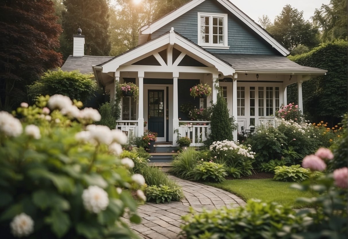 A modern cottage nestled among lush greenery, with a well-manicured garden, a quaint front porch, and charming exterior details