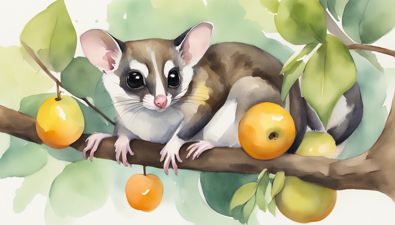 A sugar glider perched on a branch, eating fruit and grooming its fur.</p><p>A cozy nesting box is nearby, with toys and a water bottle