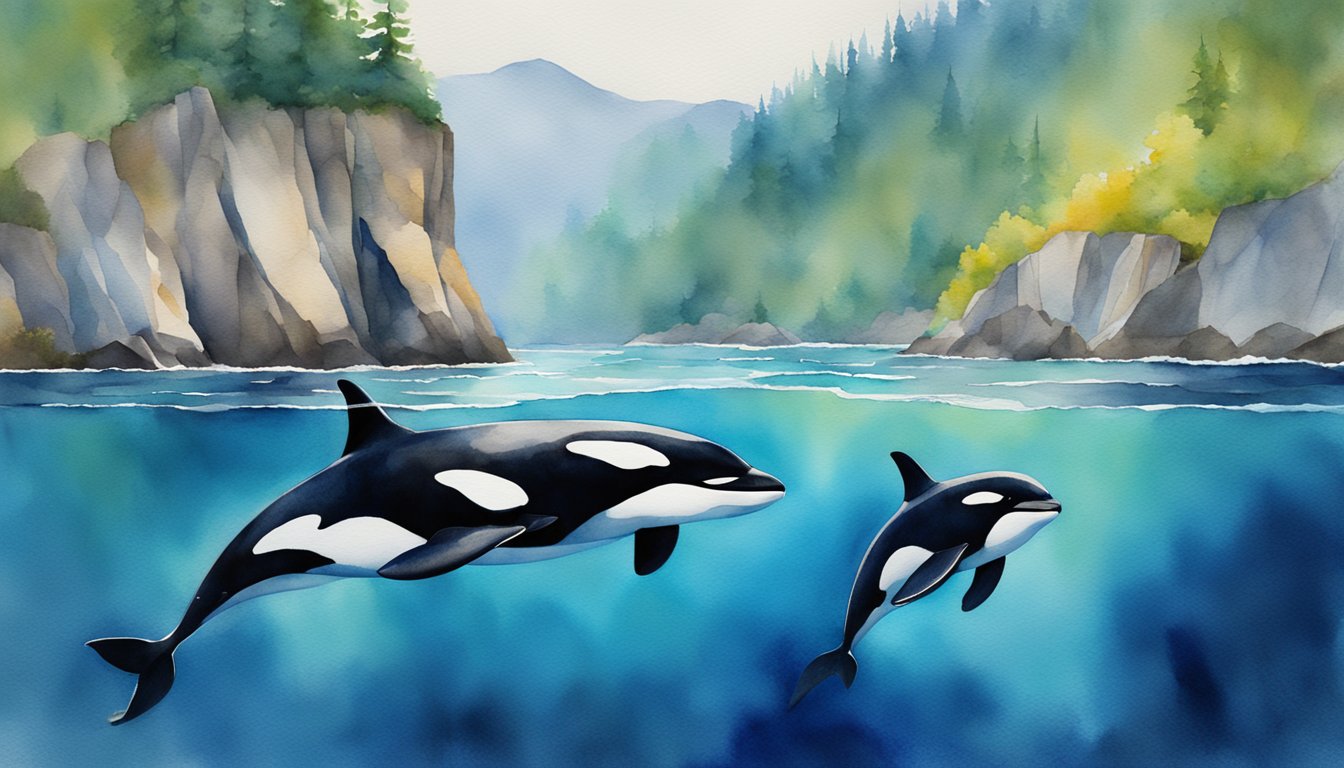 Orcas swim gracefully through clear, deep blue waters, surrounded by rocky cliffs and a vibrant underwater ecosystem