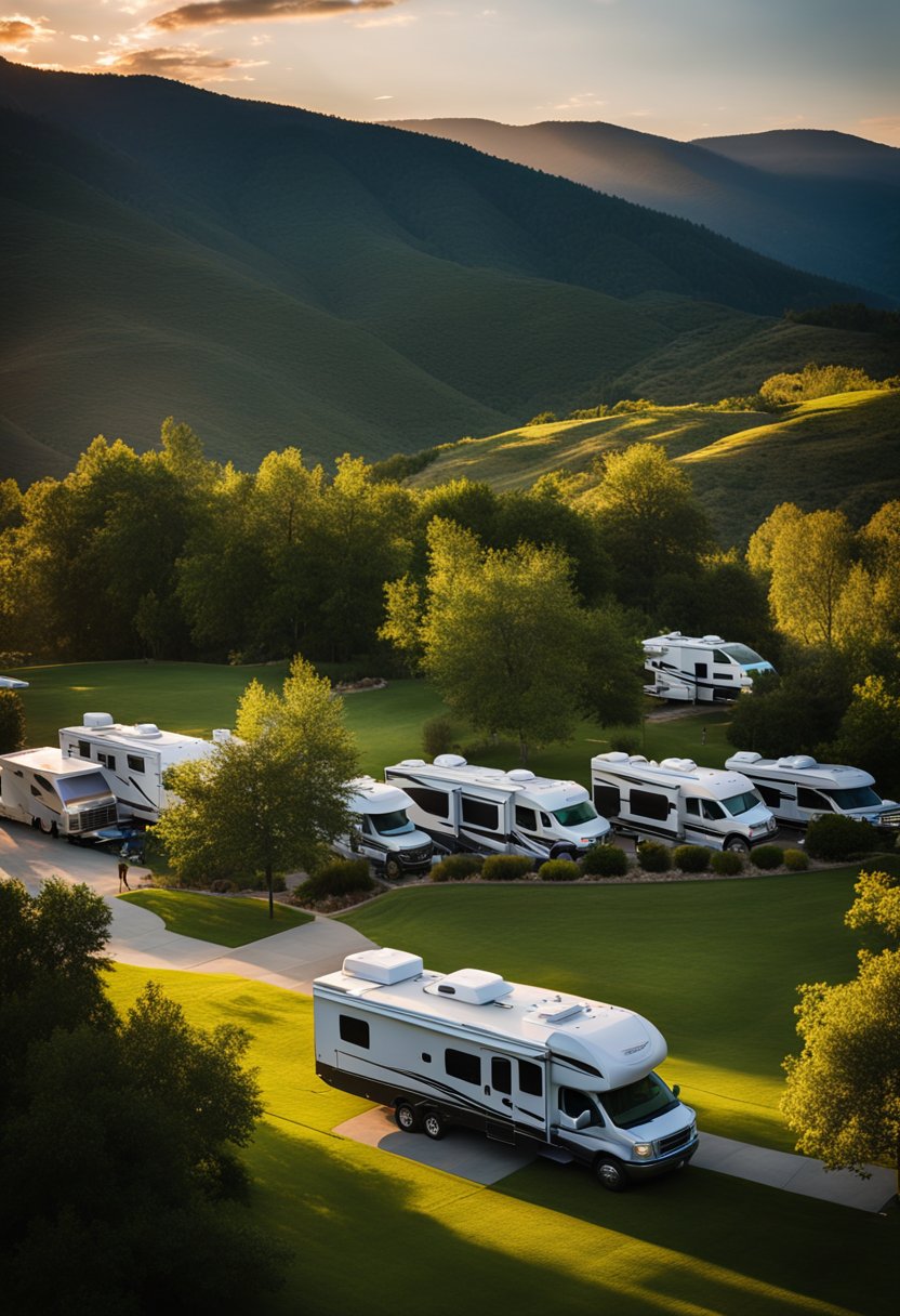 The sun sets behind the rolling hills, casting a warm glow over the spacious RV resort. Lush greenery surrounds the park's amenities, including a swimming pool and picnic area. A peaceful and inviting atmosphere envelops the scene