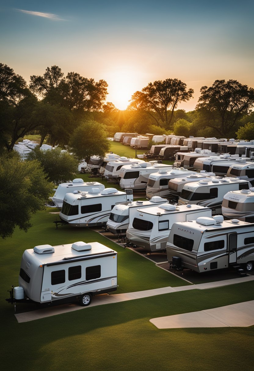 The sun sets behind rows of RVs at Patriot RV Park in Waco, Texas. The park is surrounded by lush greenery and features modern amenities