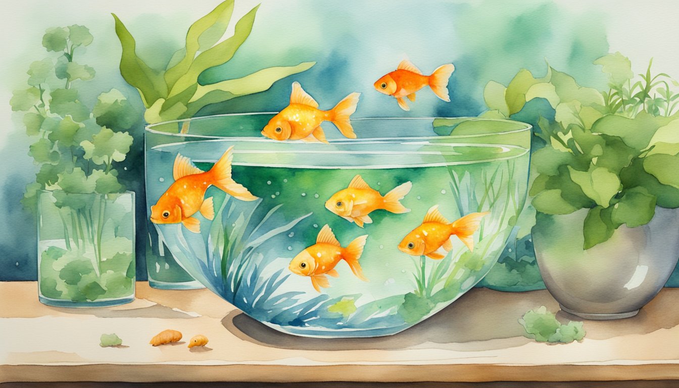 A clear glass bowl filled with water, green aquatic plants, and colorful goldfish swimming gracefully