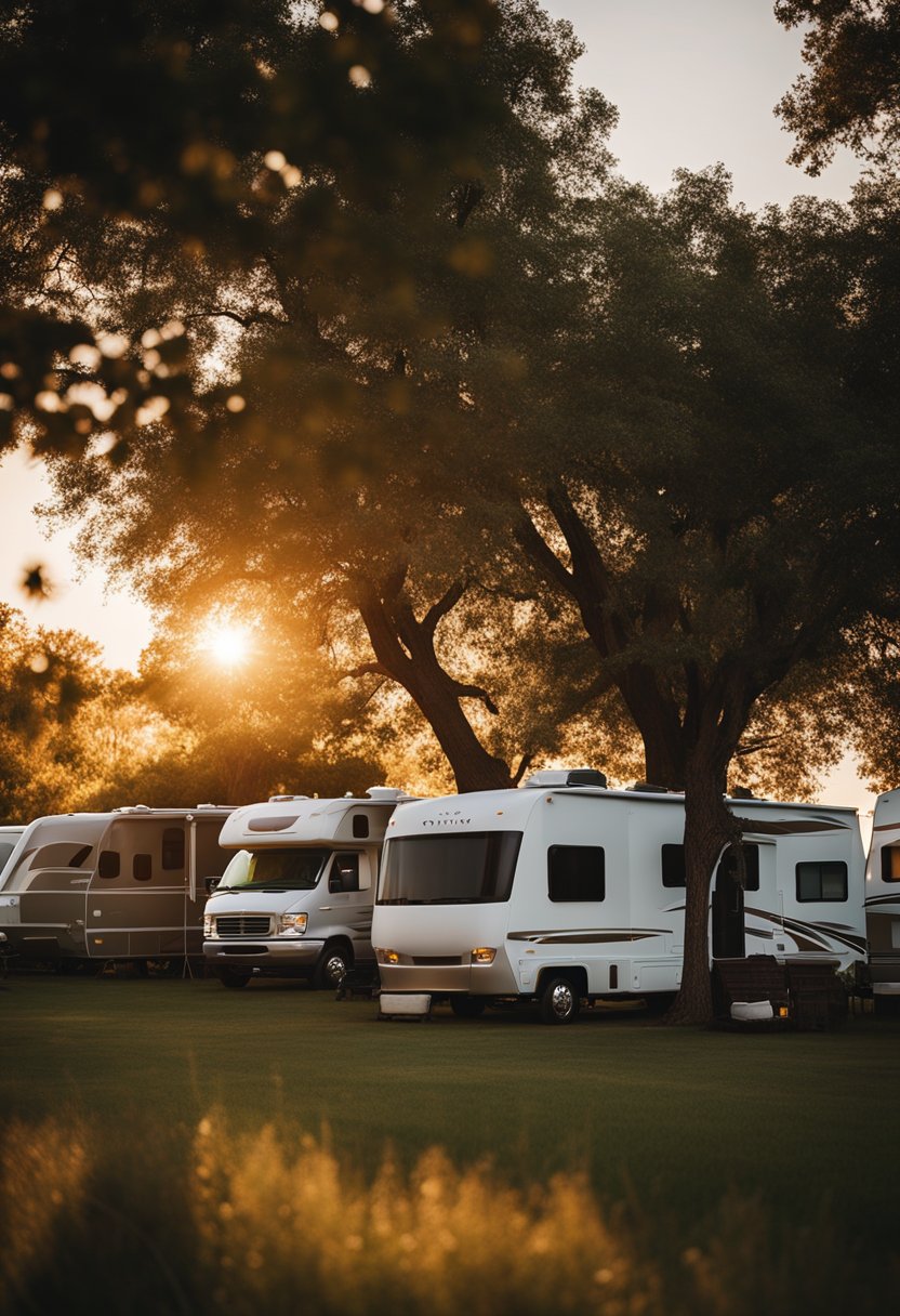 The sun sets behind rows of RVs at Camp Caravan RV Park in Waco, casting a warm glow over the peaceful campground. Tall trees sway gently in the breeze, and the sound of laughter and chatter fills the air