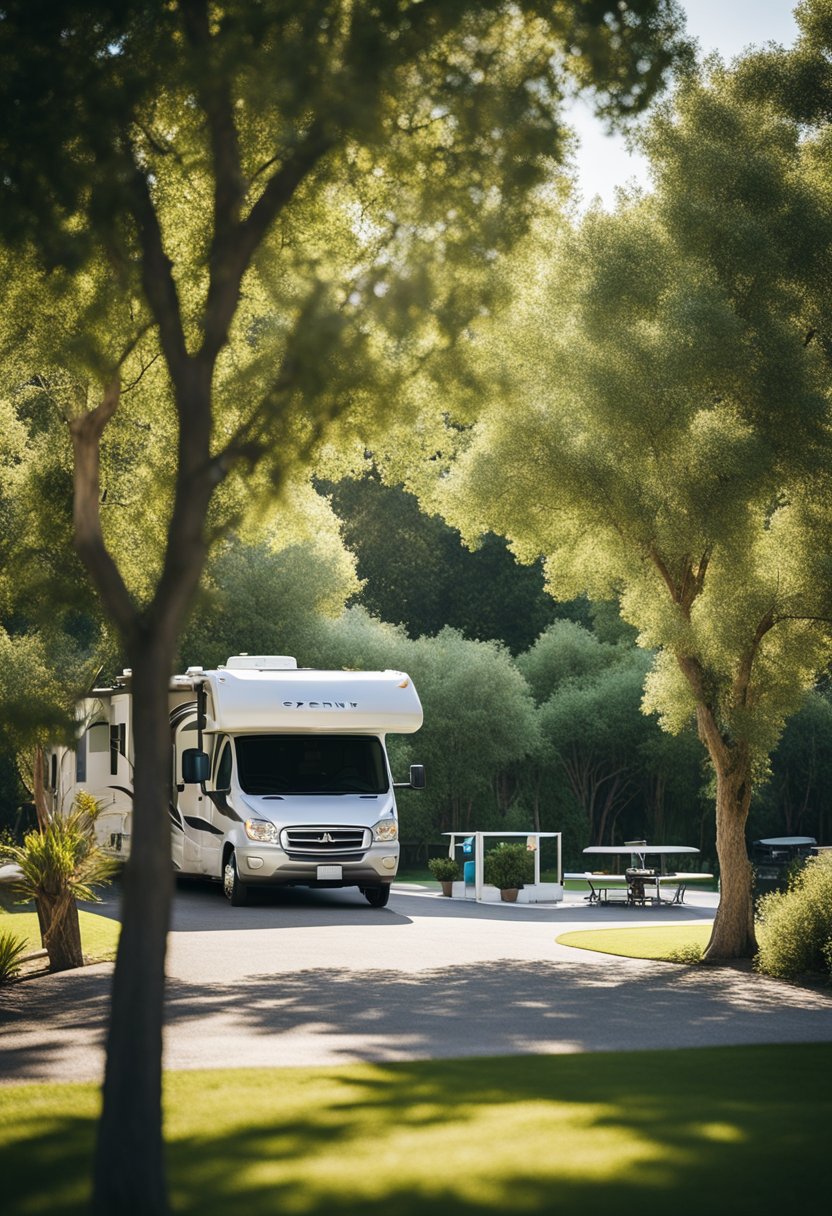 A serene RV park with lush greenery, spacious campsites, and a clear blue sky overhead. The park is well-maintained and offers a peaceful retreat for travelers