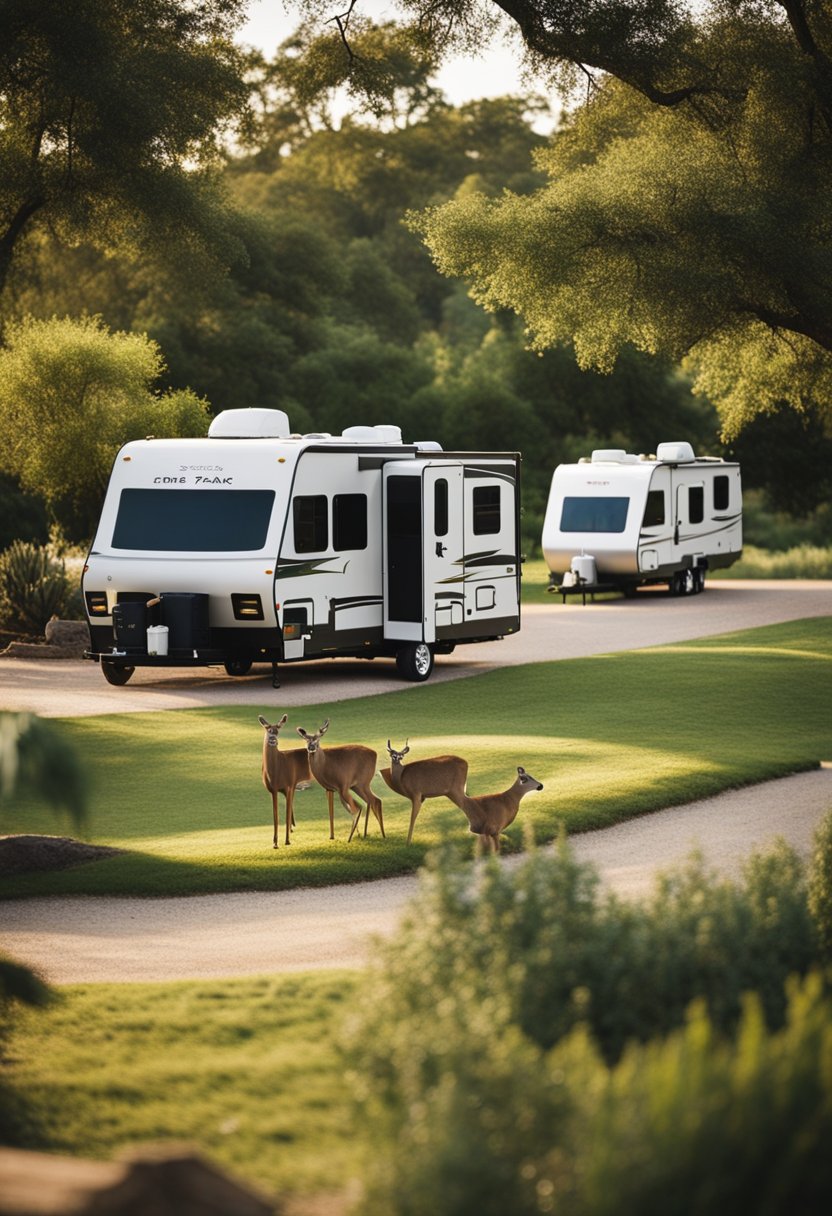A serene RV park nestled in Waco, with deer peacefully crossing the grounds, surrounded by lush greenery and a backdrop of rolling hills