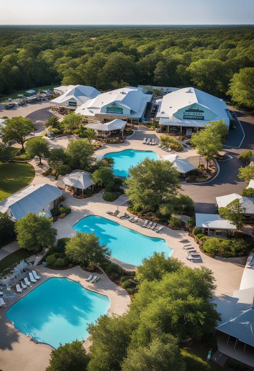 The Magnolia RV Resort in Waco, Texas features spacious RV sites surrounded by lush greenery, with a central clubhouse and swimming pool