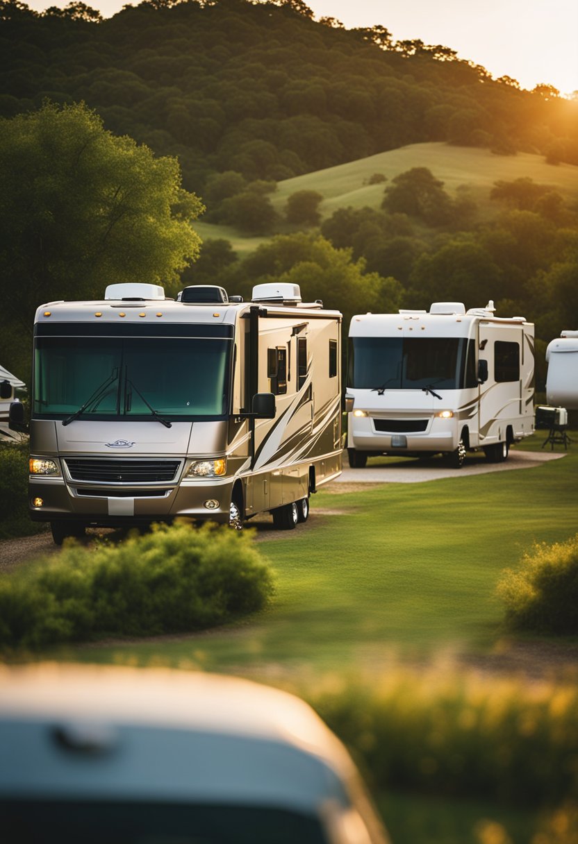A serene RV park with lush greenery and spacious lots, nestled in the heart of Waco. The sun sets behind the rolling hills, casting a warm glow over the peaceful countryside setting