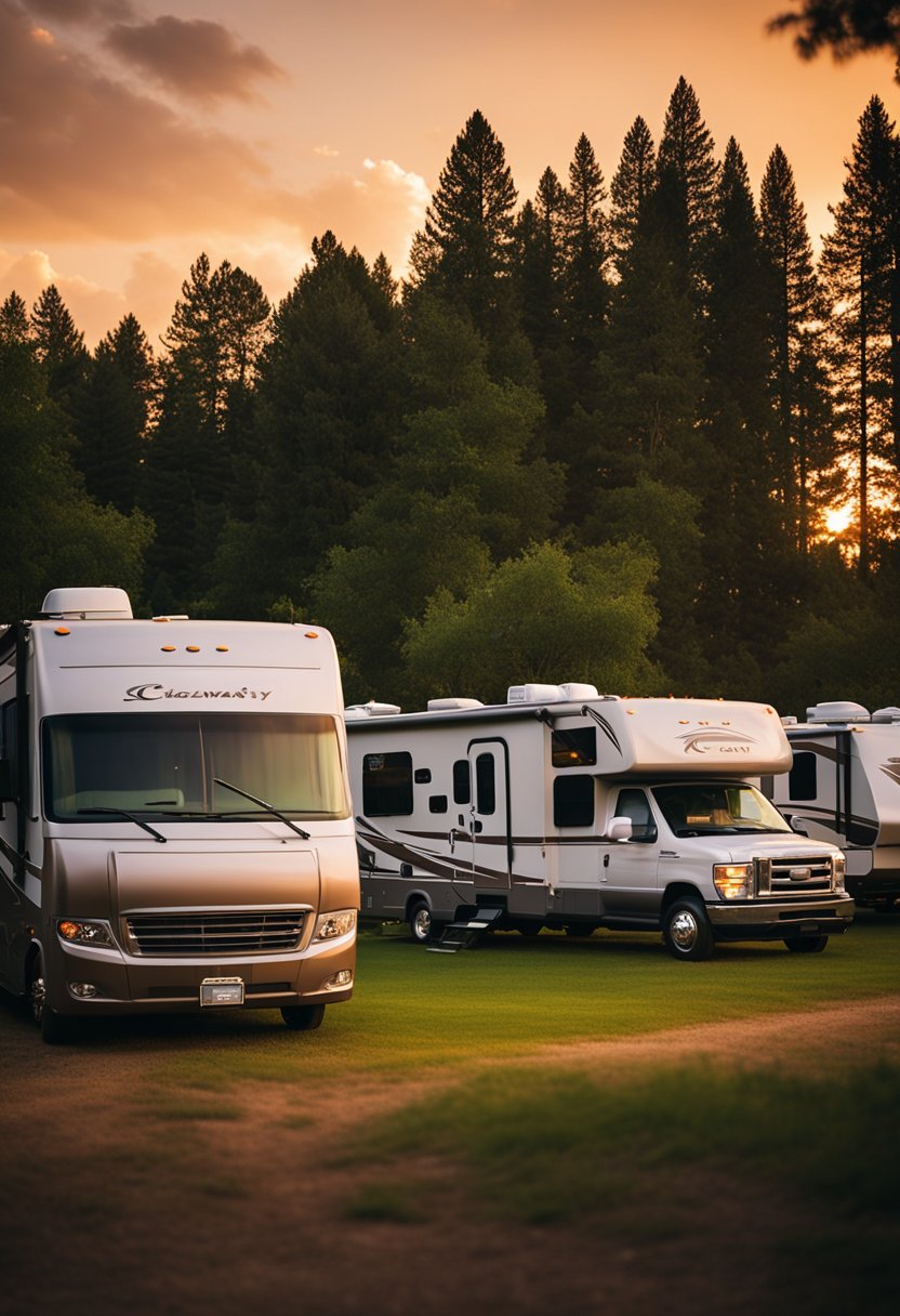 The sun sets over Midway Park RV Campground, casting a warm glow on the rows of neatly parked RVs. Lush green trees provide shade, and families gather around crackling campfires, enjoying the peaceful atmosphere