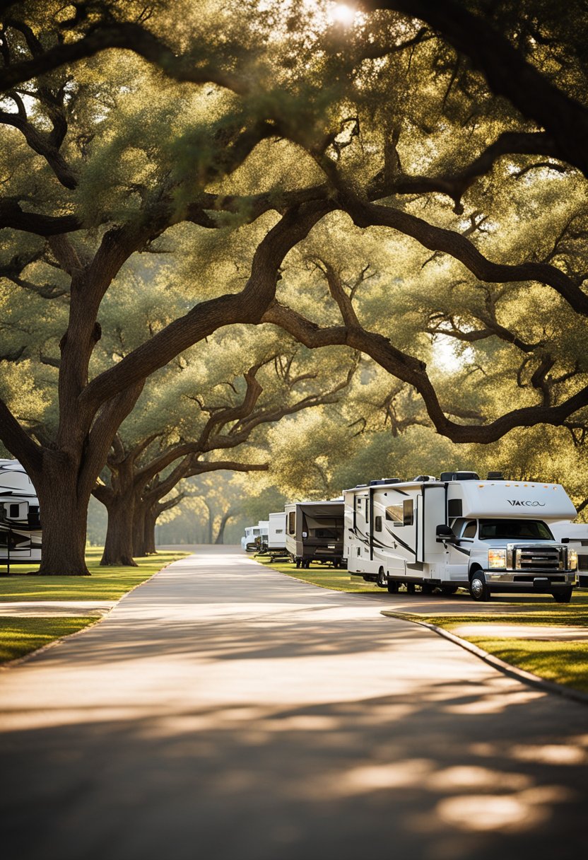 The Waco RV Park is nestled among towering oak trees, with spacious lots and modern amenities. A serene atmosphere with families enjoying outdoor activities