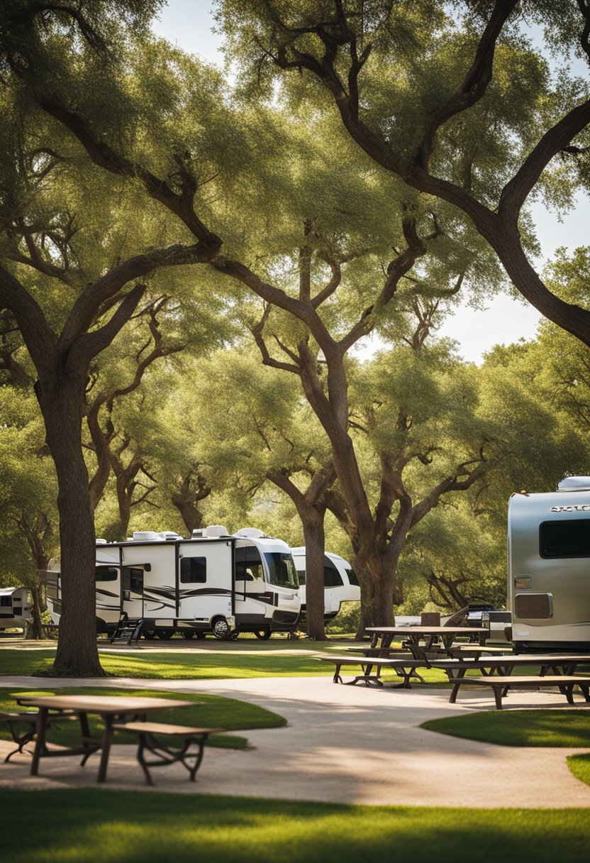 A serene RV park in Waco, with lush greenery, spacious lots, and modern amenities. A playground and picnic area add to the family-friendly atmosphere