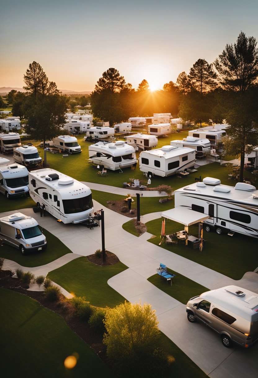 The RV park is bustling with activity, as families enjoy the amenities. Children play on the playground while adults relax by the pool and grill area. The sun sets behind the rows of RVs, creating a peaceful atmosphere
