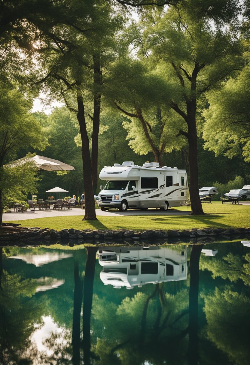 A serene RV park nestled among lush green trees with spacious campsites and modern amenities, surrounded by a tranquil lake and scenic walking trails