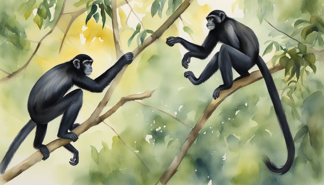 Spider monkeys swing through the forest canopy, grooming each other and sharing food, demonstrating their social behavior and conservation efforts